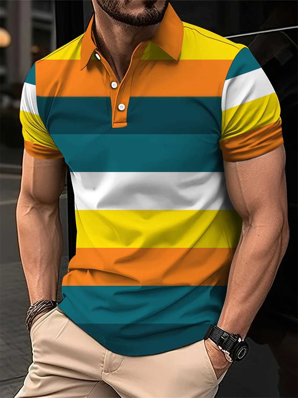 New Summer Mens Short Polo Lapel 3D Digital Printed Fashion Splice Striped Polo Shirts Mens Business Casual Tops Man ClothingX240920