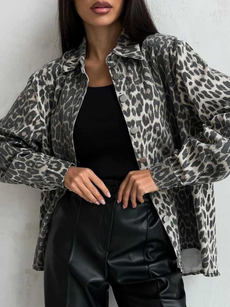 Casual Leopard Print Womens Denim Jacket Long Sleeve Demi-season Jacket for Women Oversize Pocket Womens Autumn Coat OutwearX240920