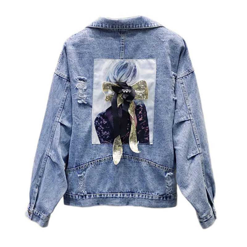 2024 New Autumn Harajuku Denim Jacket Sequins Beauty Applique Jeans Jacket Frayed Holes Casual Outwear Streetwear Denim Coat 357X240920