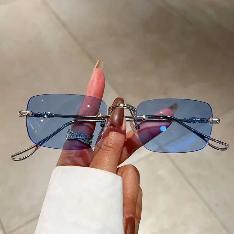 Rimless Rectangle Sunglasses Men Women 2024 Fashion New in Vintage Shades Eyewear Brand Design Ocean Lenses Sun Glasses GafasX240920