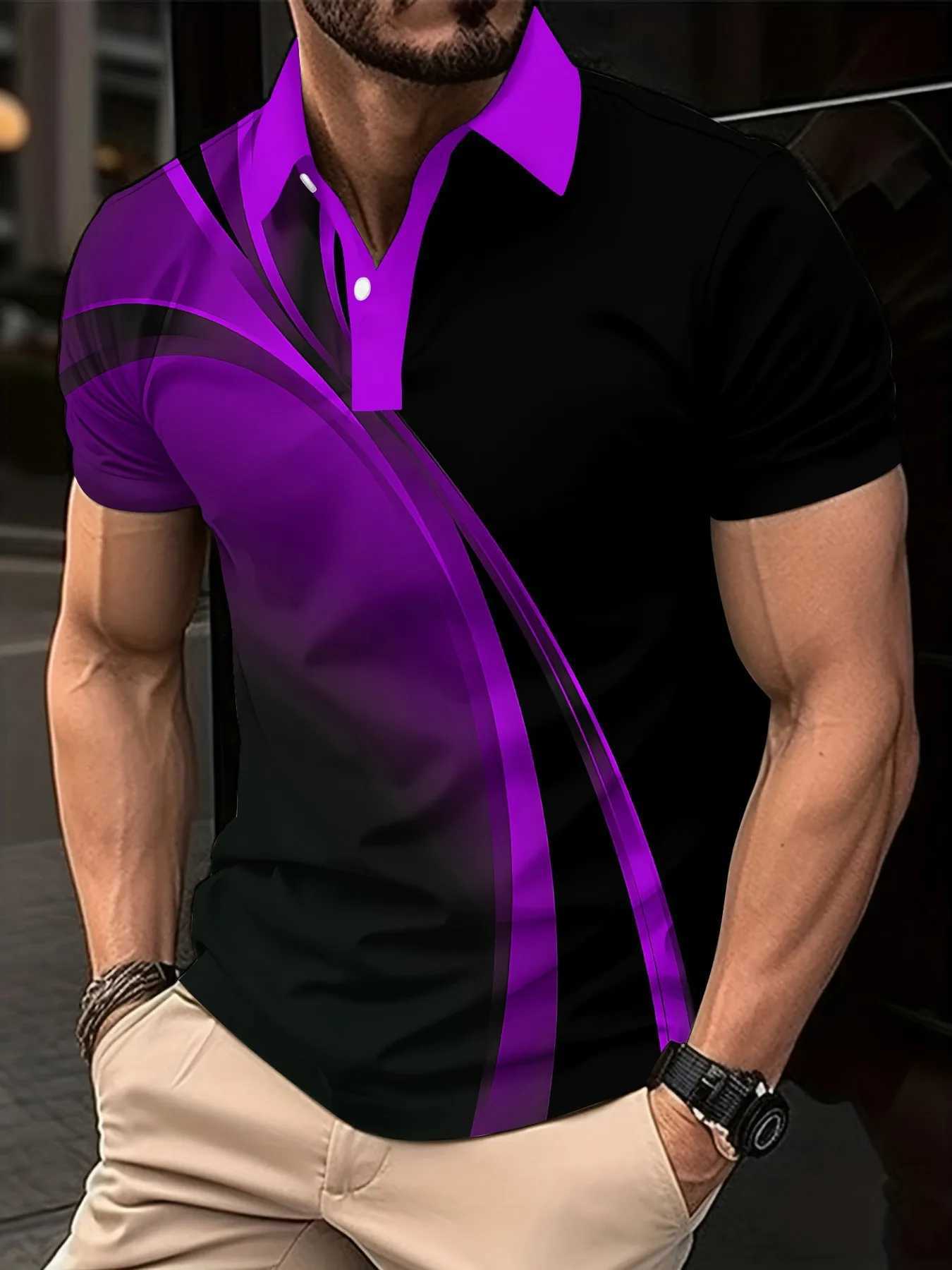 New Fashion Mens Gradient Line Summer Short Sleeved T-Shirt Casual Daily Lapel Top Polo Shirt Striped T-Shirt Mens ClothingX240920