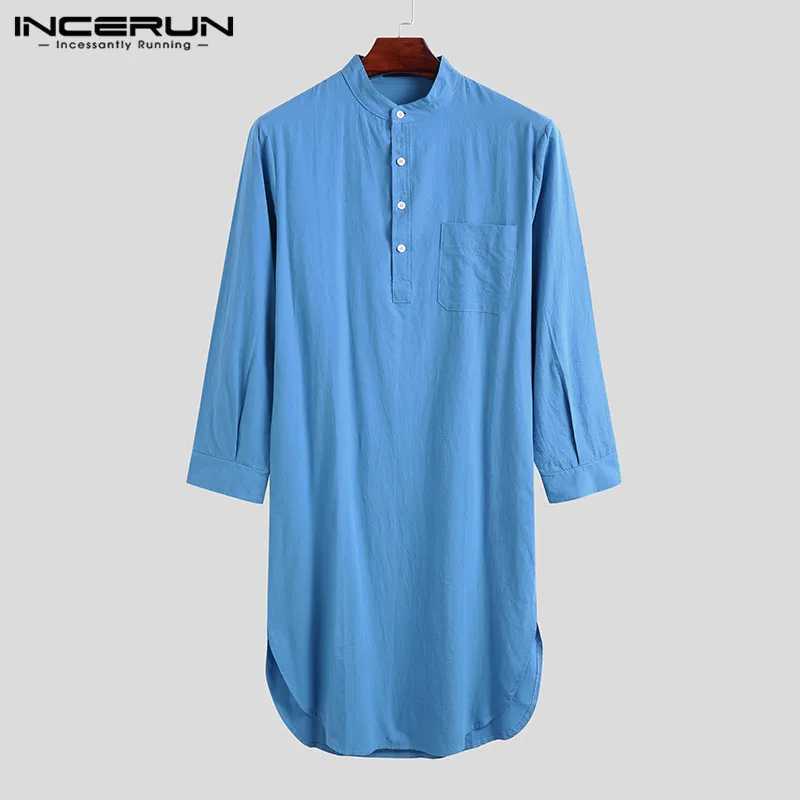 INCERUN Cotton Mens Sleep Robes Solid Color Long Sleeve Nightgown O Neck Leisure Mens Bathrobes Comfort 2023 Homewear Plus Size Y240919
