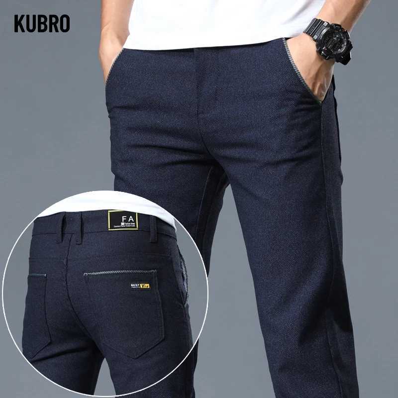 KUBRO mens brushed fabric casual pants business fashion slim fit elastic thick gray blue pure cotton mens pants W240919