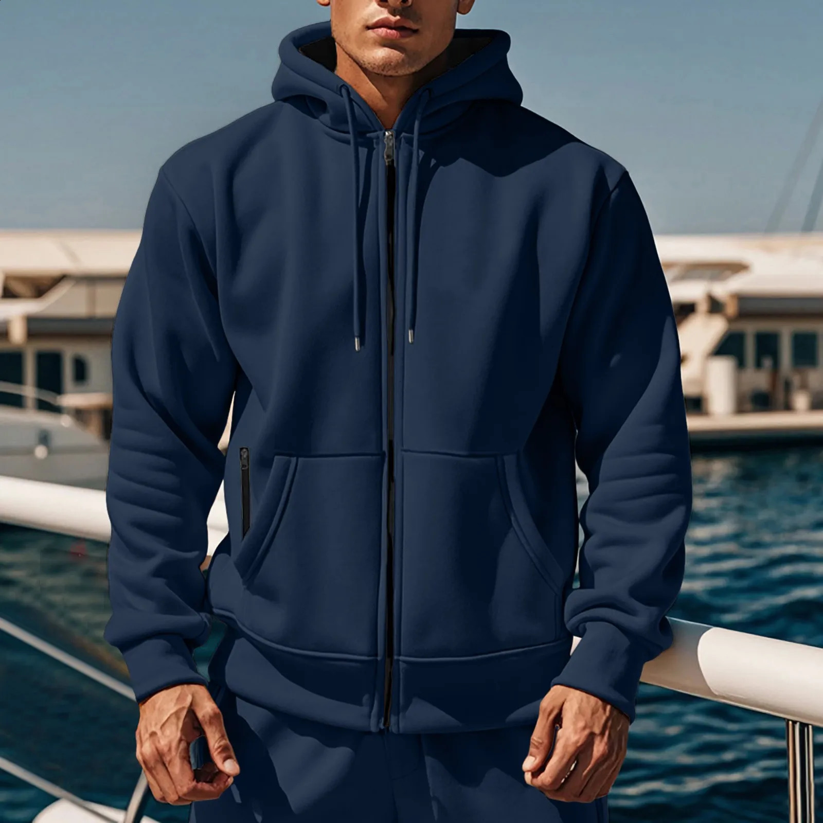 Mens autumn and winter solid color hooded sweater wool warm comfortable mens long casual round neck zipper 240911