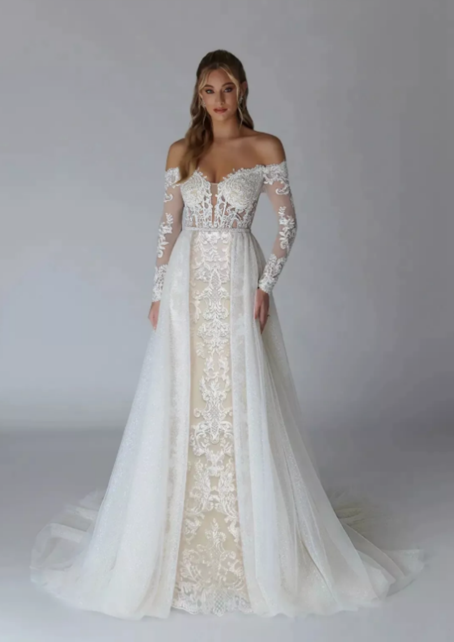 Classic Mermaid Bridal Dresses Off Shoulder Long Sleeves Wedding Dress Lace Appliques Detachable Train Bridal Gown Custom Made