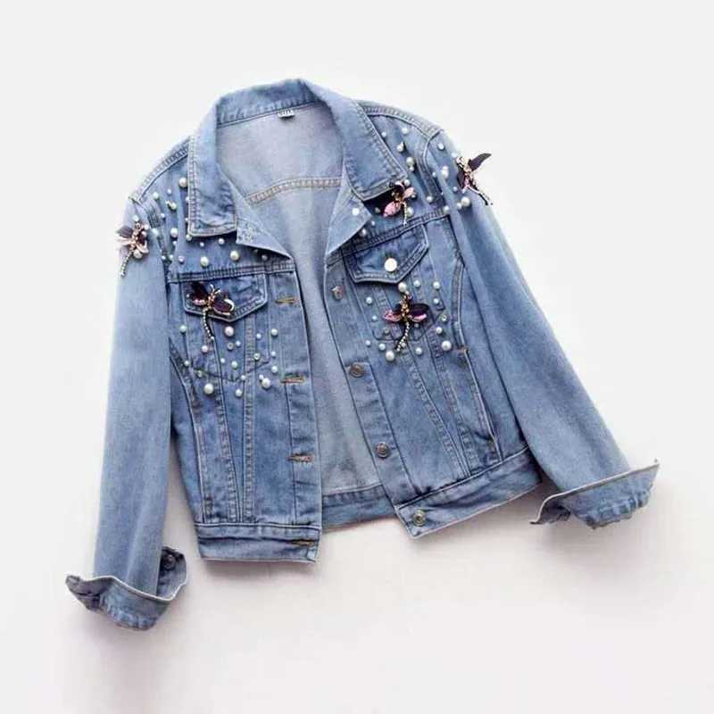 2023 Autumn Denim Jacket Coat Women Beading Loose Overcoat Jeans Jacket Basic Coats Streetwear Long Sleeve Tops Casual OuterwearX240920