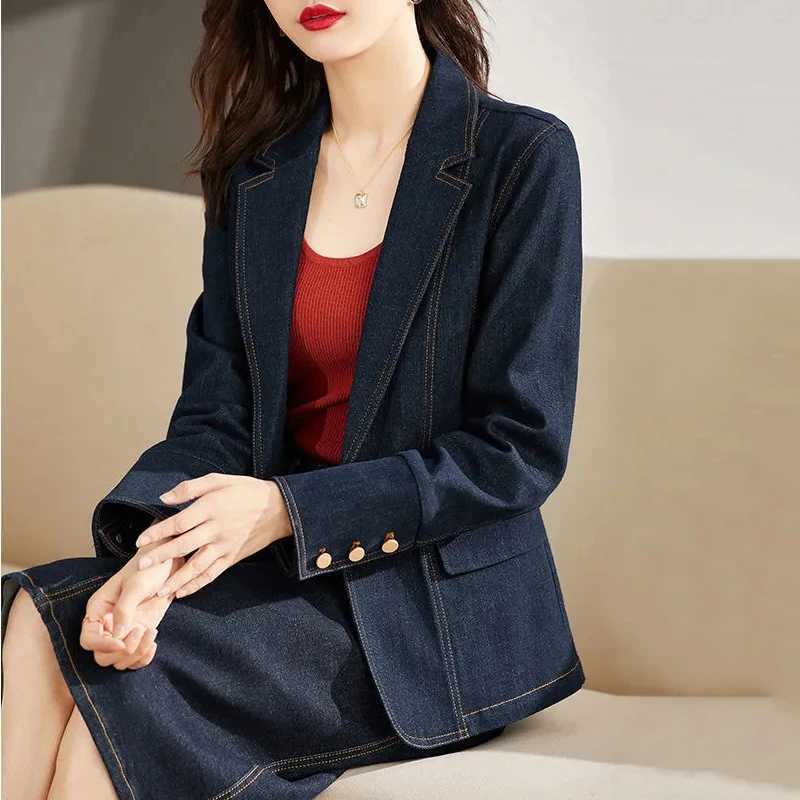 Spring Autumn Denim Blazer New 2024 Womens Long Sleeved One Button Short Jeans Jacket Ladies Slim Cowboy Coats Outerwear FemaleX240920