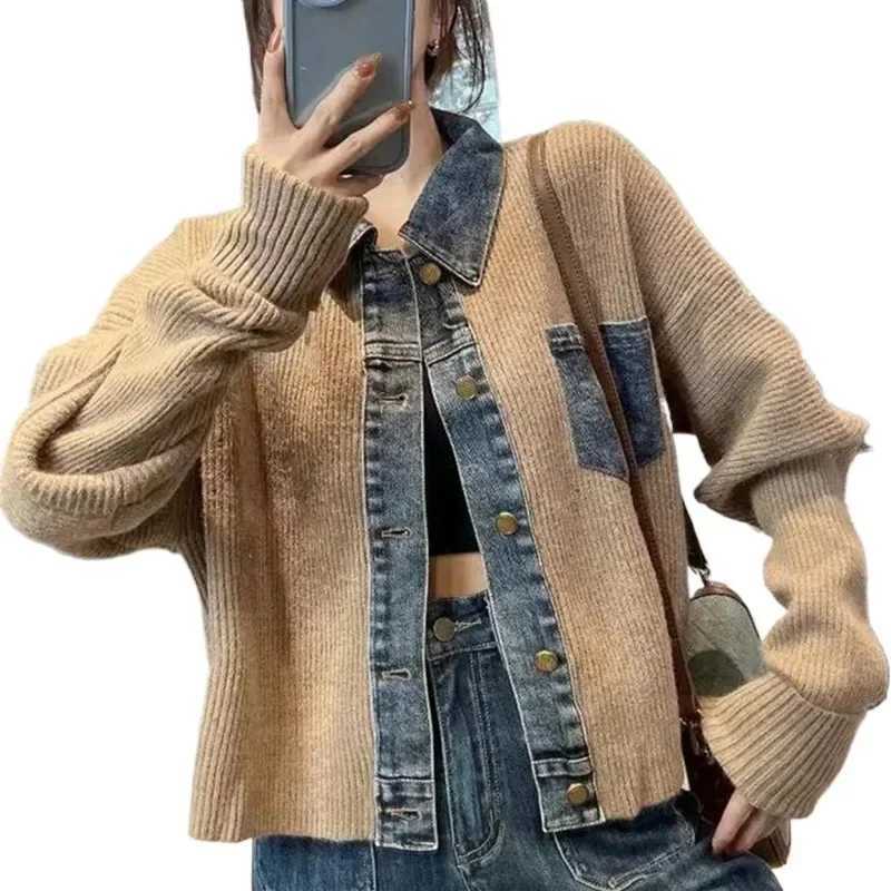 Korean Style Design Niche Loose and Western-style Sweater Womens 2024 Autumn New Denim Patchwork Knitted Top Fashionable JacketX240920