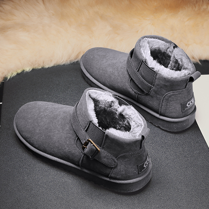 Winter high top plush snow boots northeast wearing, casual buckle cotton for men, suede Korean version solid color bread shoes