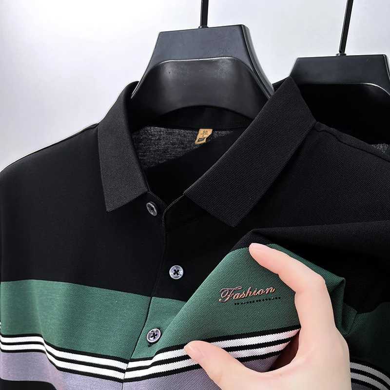 High end silk cotton short sleeve POLO shirt mens 2024 summer fashion stripe contrasting embroidery casual business T-shirtX240920