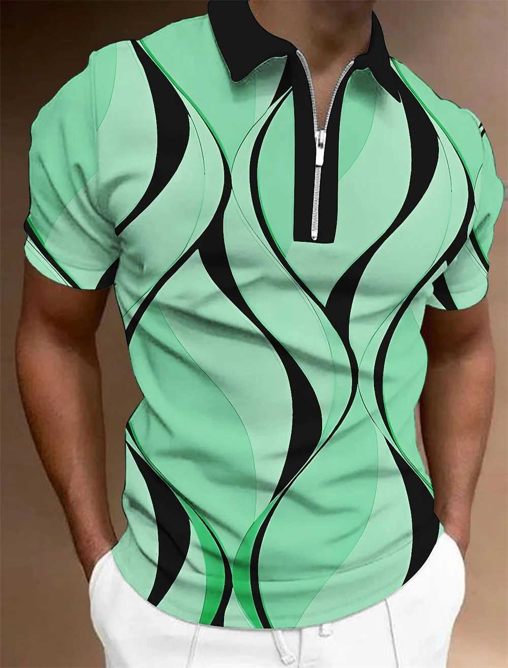 MenS Zip Polo Lapel Polo Shirt Golf Shirts Graphic Prints Geometry Linear Turndown Short Sleeves Zipper Clothing Tops DesignerX240920