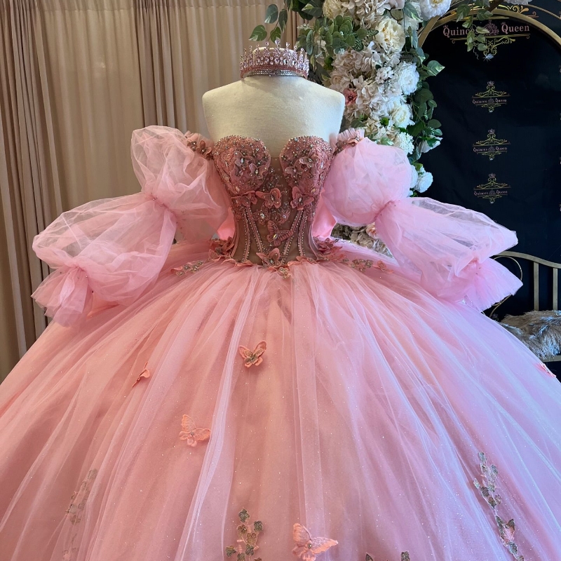 Pink Quinceanera Dresses Ball Gown Puff Sleeve Bow Beaded Crystal Tull Corset Off The Shoulder Sweet 16 Dress Vestidos De 15 Anos
