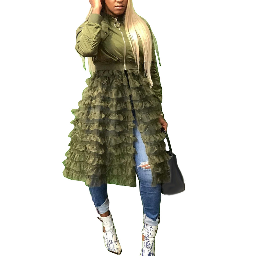 Women Long Sleeve zipper dress coat mesh lace Ruffle Patchwork long Jacket