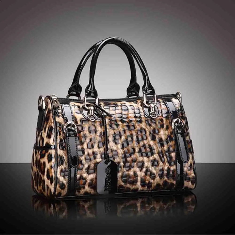 Leopard Print Patent Handbag Genuine Leather Boston Crossbody Pack For Women Large Capacity Female Tote Shoulder Bag 240913