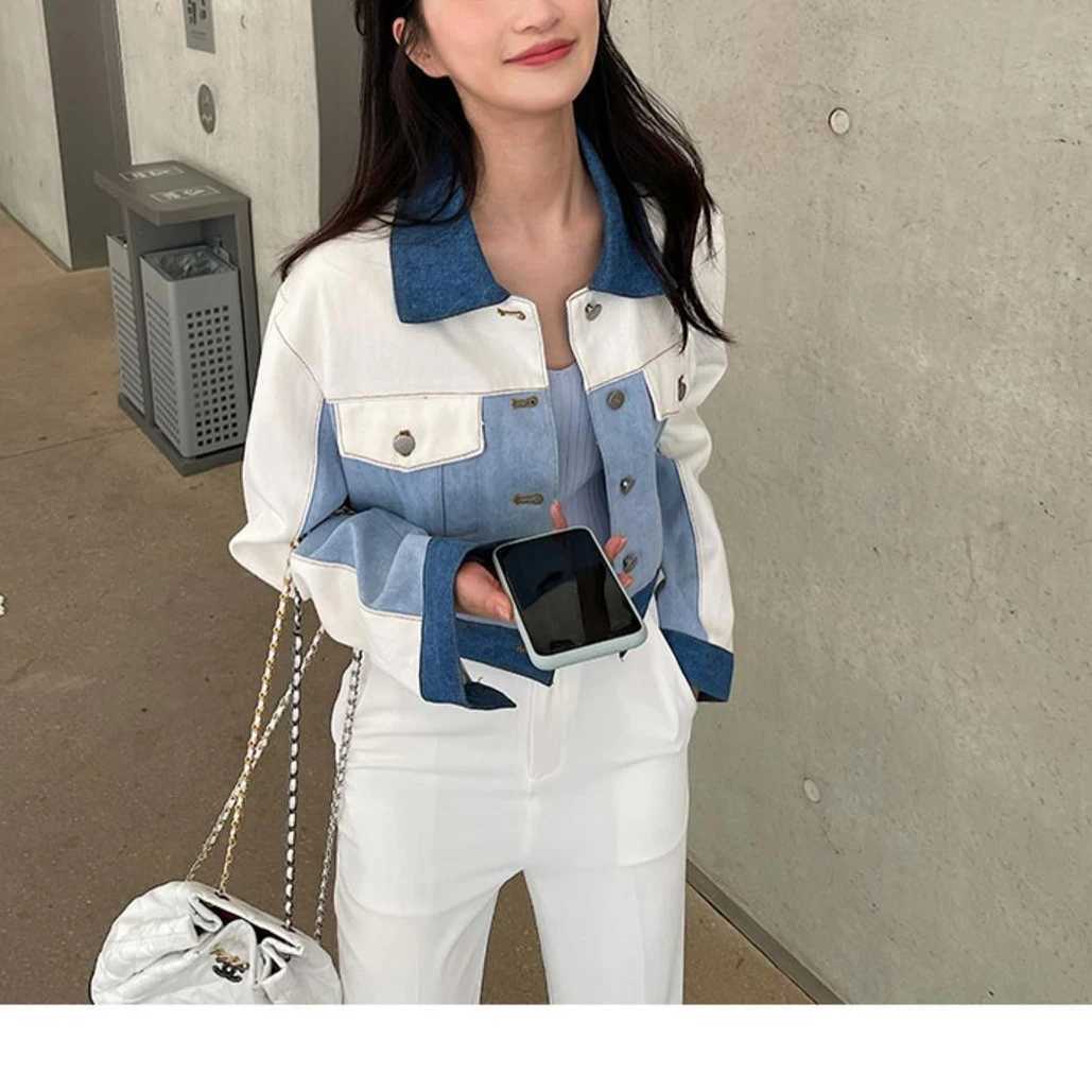 Autumn Fashion Patchwork Denim Jacket New Lapel Contrast Color Casual Traff Woman 2024 Coat Long Sleeves Slim Womens JacketsX240920