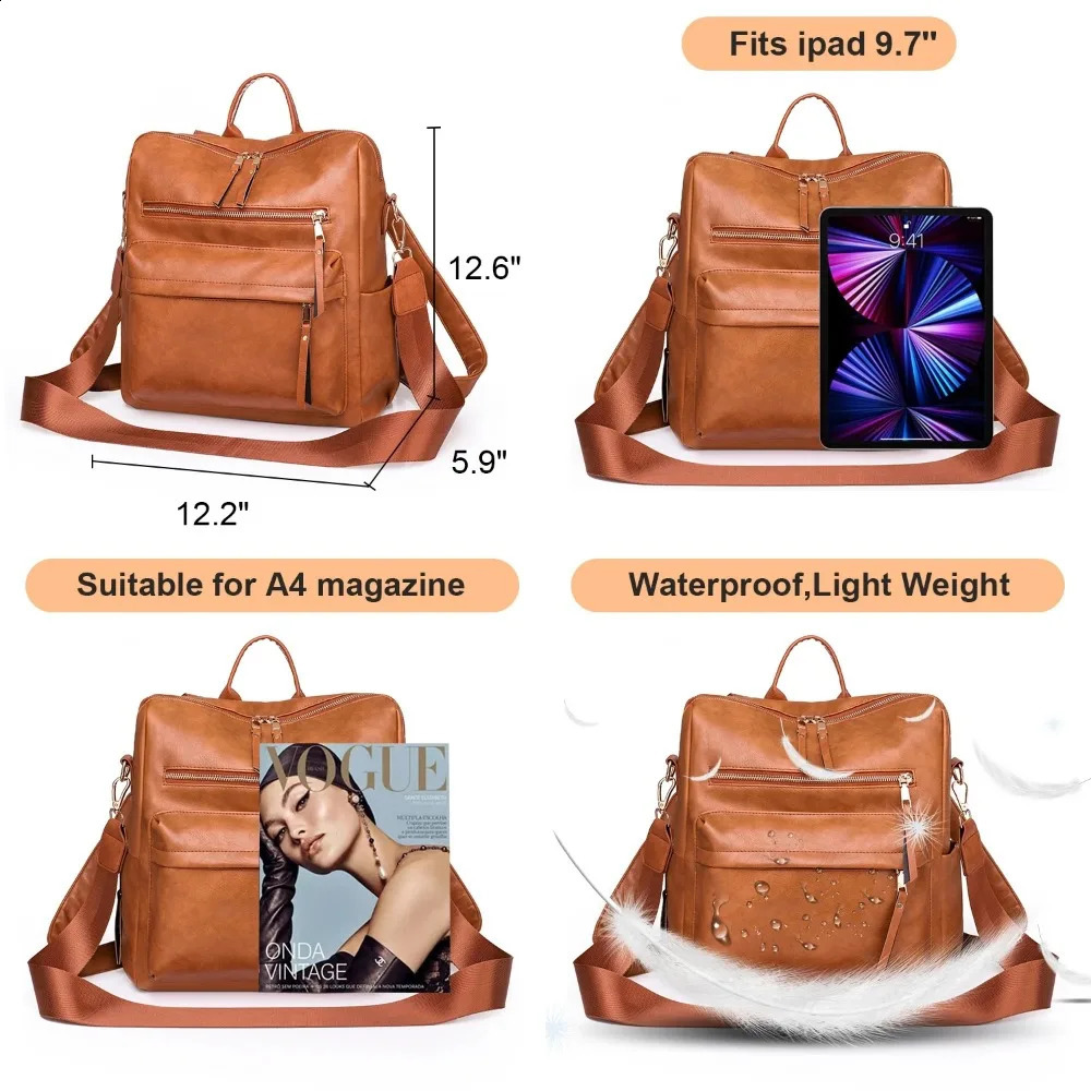Womens backpack wallet fashionable large travel leather backpack shoulder bag suitable for women brown 240918