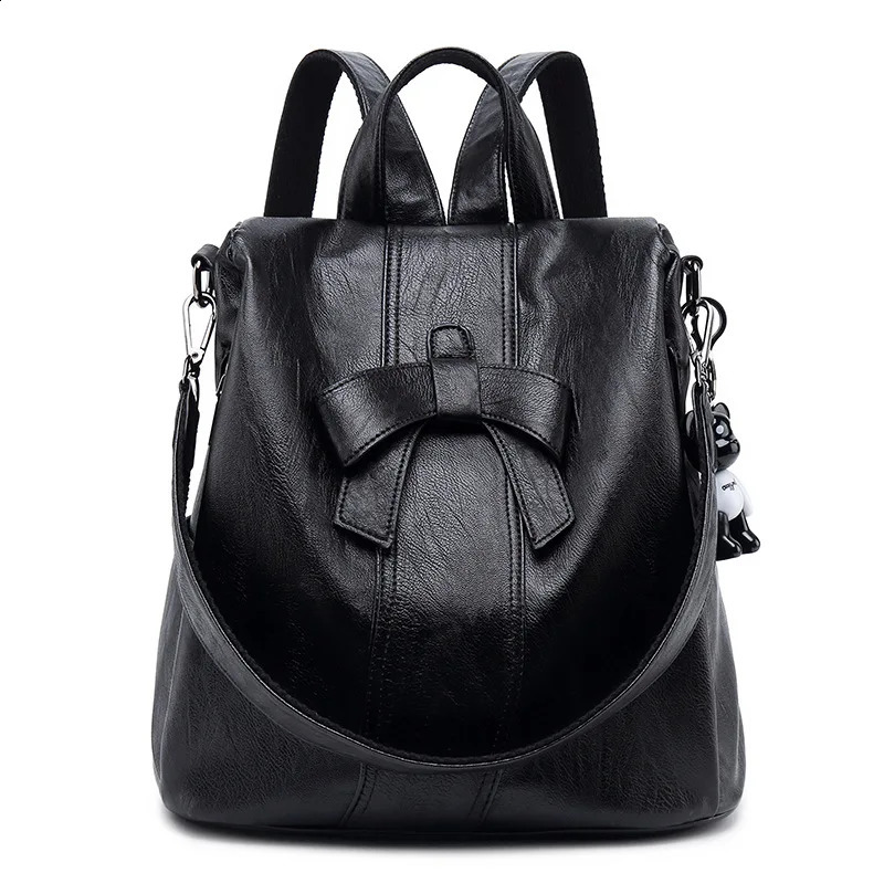 High quality A4 lightweight bow PU leather womens backpack travel shoulder bag anti-theft girl brown black M3818 240918