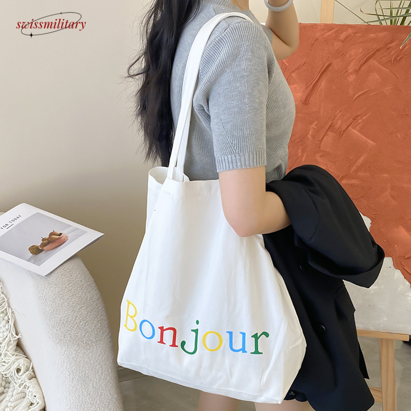 Korean Ins style letter canvas homemade simple color printed large capacity tote shoulder shopping bag #12 Swissmilitary
