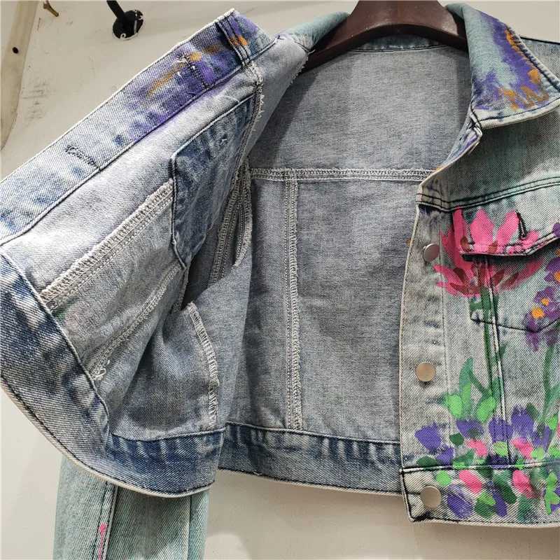 Streetwear Fashion Hand-painted Flower Graffiti Printing Short Denim Jacket Spring Autumn Women Lapel Long Sleeve Jeans JacketX240920