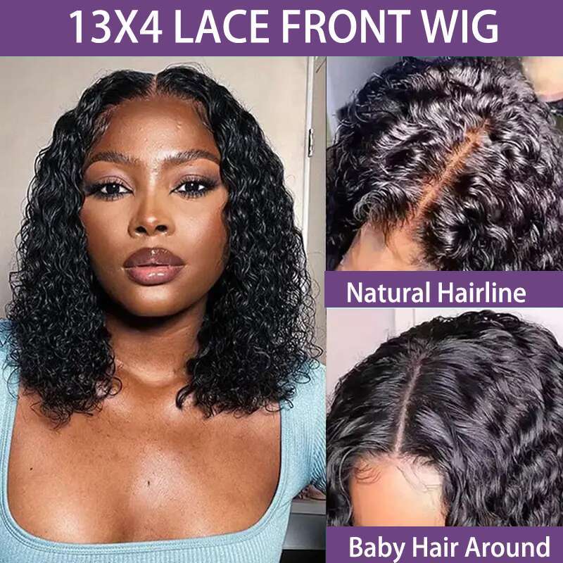 Curly Short Bob 200% 13X4 Frontal Human Wigs Deep Water Wave Lace Front Wig Pre Plucked Bleach Knots with Baby Hair
