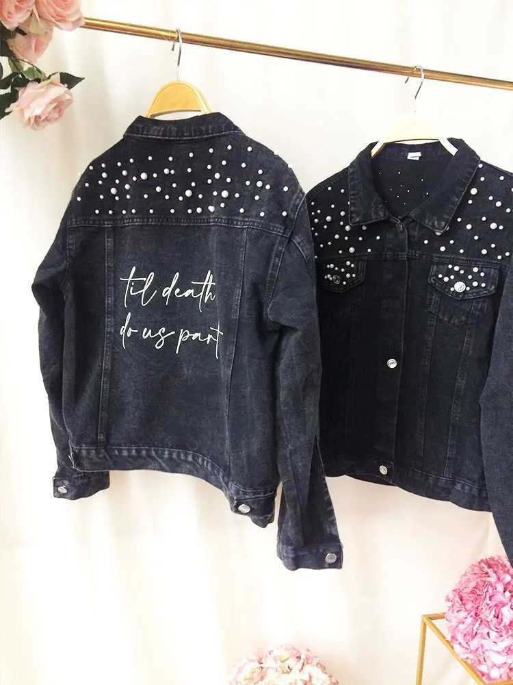 PERSONALIZED Black Denim Statement Coats Bridal Jacket Customized Wedding Jean Jacket Bridal Denim With Pearl Womens MRS CoatsX240920