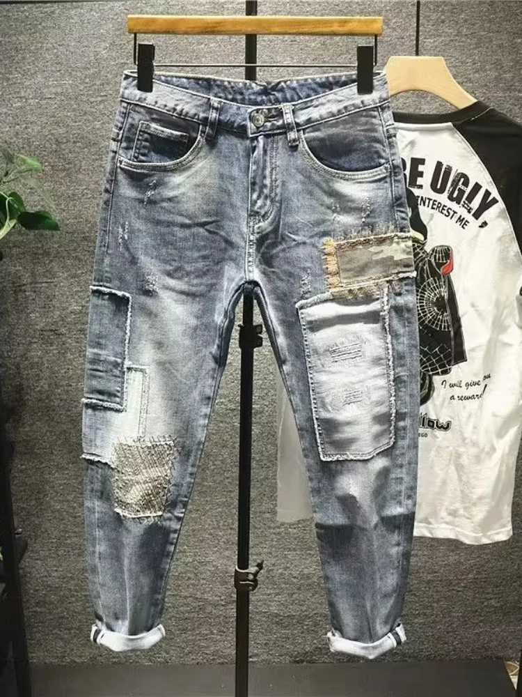 Fashionable mens jeans retro blue elastic slim fit patchwork torn jeans mens decal pocket hip-hop pants Y2K trousers X2410261