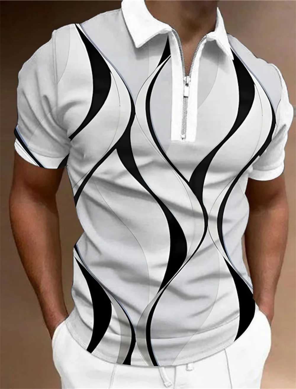 MenS Zip Polo Lapel Polo Shirt Golf Shirts Graphic Prints Geometry Linear Turndown Short Sleeves Zipper Clothing Tops DesignerX240920