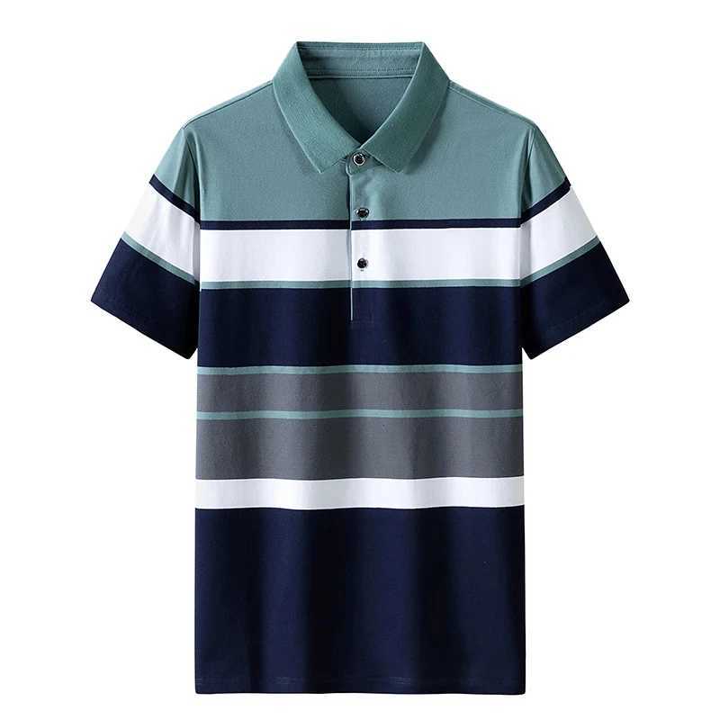 Business Casual Mens Polo T-Shirt Summer Short Sleeves Tops Stripe Print Button T Shirt Oversized Clothing Fashion Polo ShirtsXJ240920