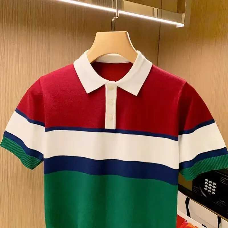 New Summer Mens Polo Shirt Lapelpolo Cotton Line Color Block Striped Collar T-shirt Short Sleeves Korean Fashion LightweightX240920