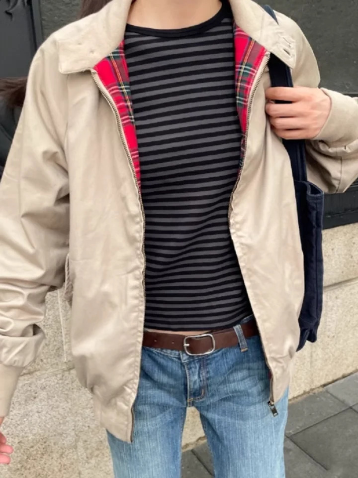 Streetwear Solid Vintage Jacket Woman Buttons Stand Collar Pocket Red Plaid Long Sleeve Parka Coat Autumn Fashion Y2k Jackets 240920