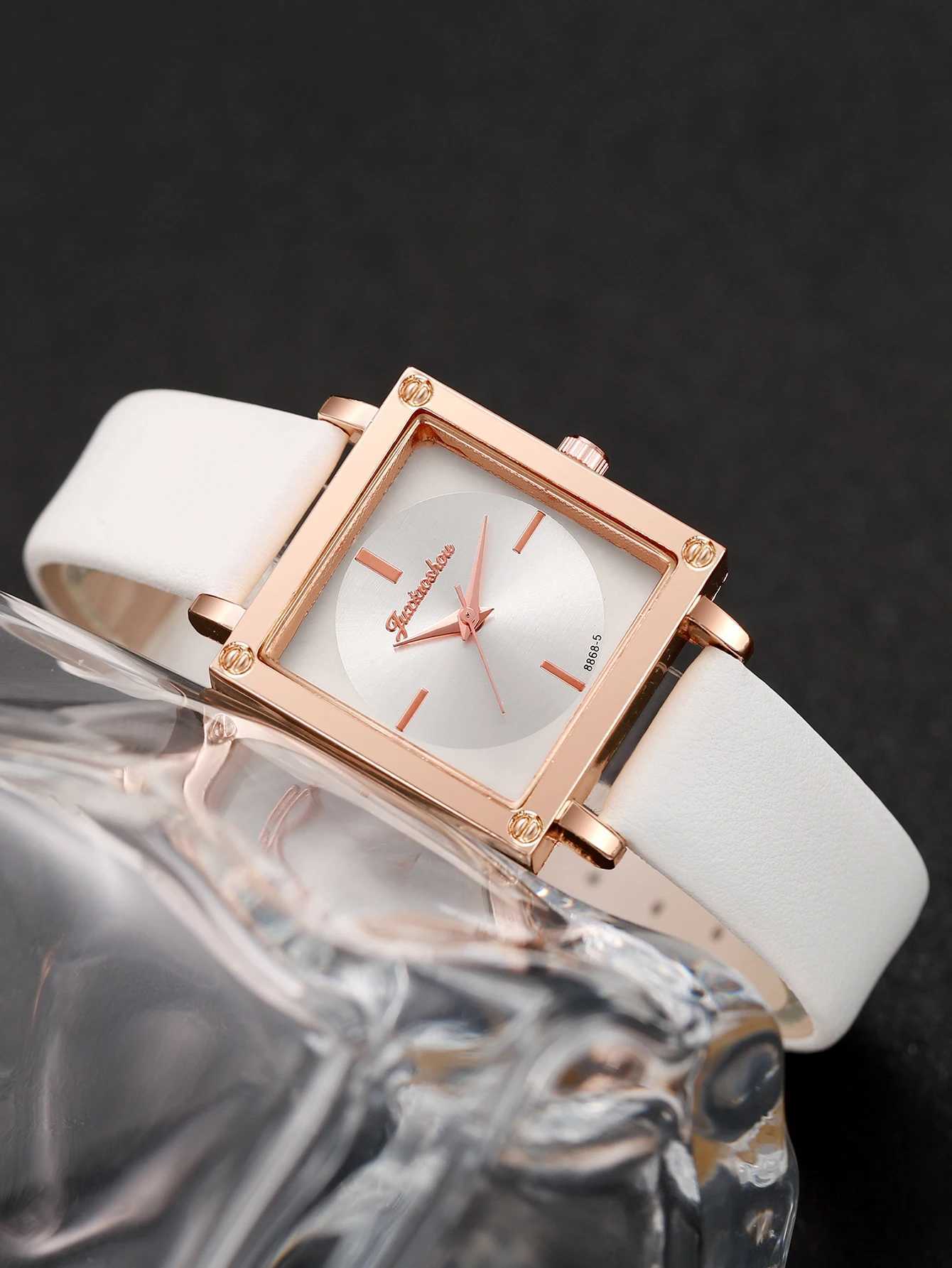2pcs/set Women Leather Strap Aquare Dial Quartz Watch with Heart-shaped BraceletX240920