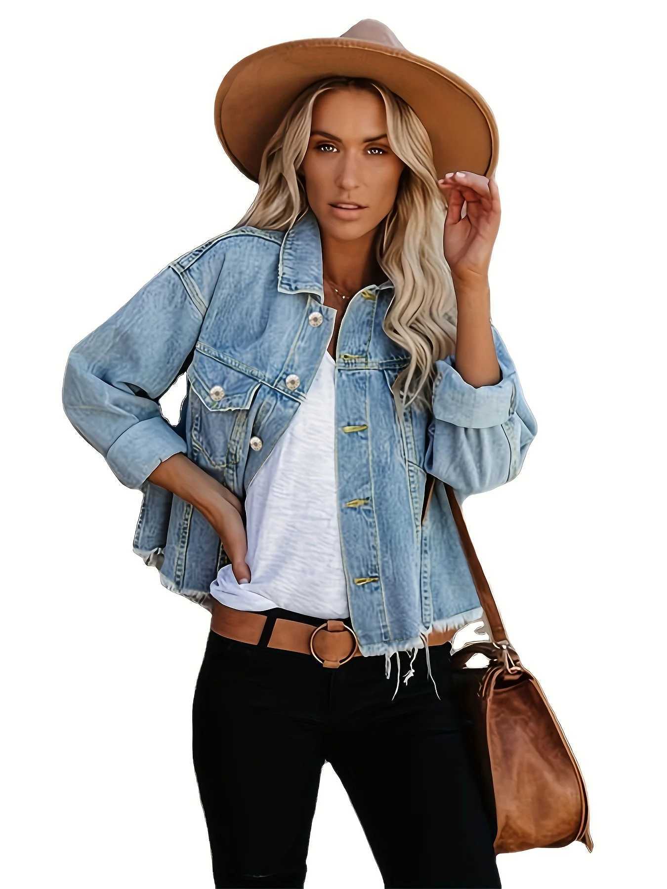 Raw Hem Crotch Length Denim Jacket Light Blue Flap Pockets Long Sleeve Denim Coats Womens Denim ClothingX240920