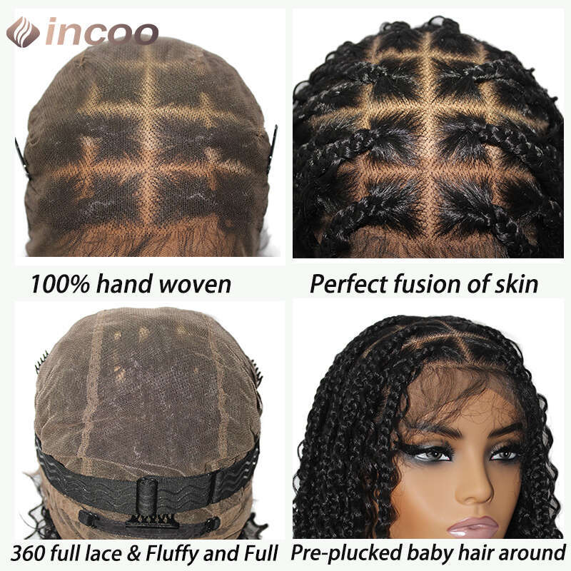 12 Inch Short Bob Braids Goddess Boho Knotless Braid Transparent 360 Full Lace Curly Synthetic Wig Pre-Plucked Baby Hair