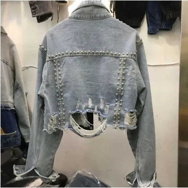 Denim Jackets with Heavy-duty Rivets Distressed Look and Beaded Nailhead Embellishments Fashionable JacketsX240920