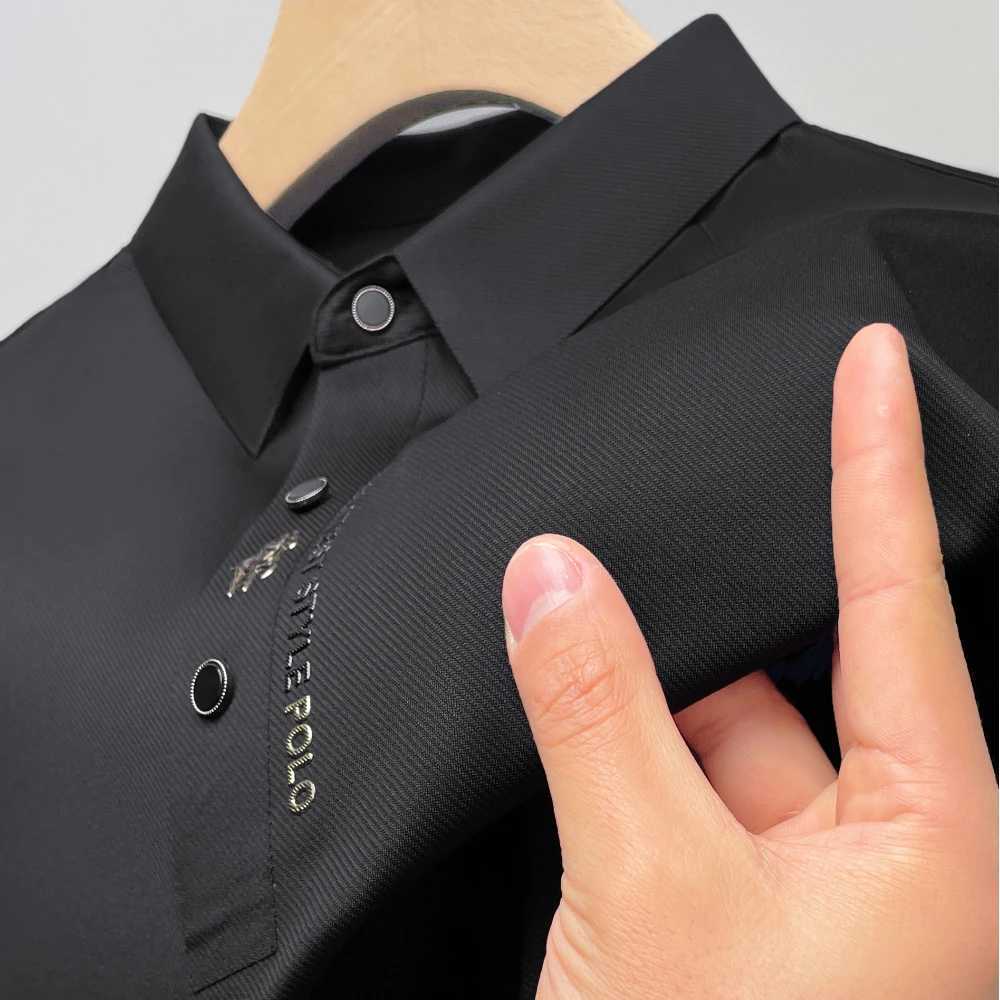 Ice Silk Embroidery Polo Shirt 2024 New Summer Lapel Elasticity T-shirt Korean Fashion Short Sleeve Business Casual Men ClothingX240920