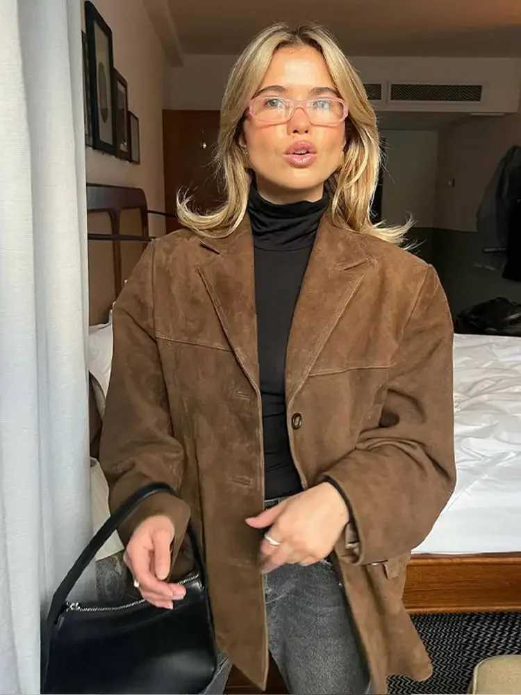Retro Brown Lapel Womens Jacket Casual Single Breasted Pocket Long Sleeve Short Coat 2024 Lady Fall High Street New In OutwearsX240920