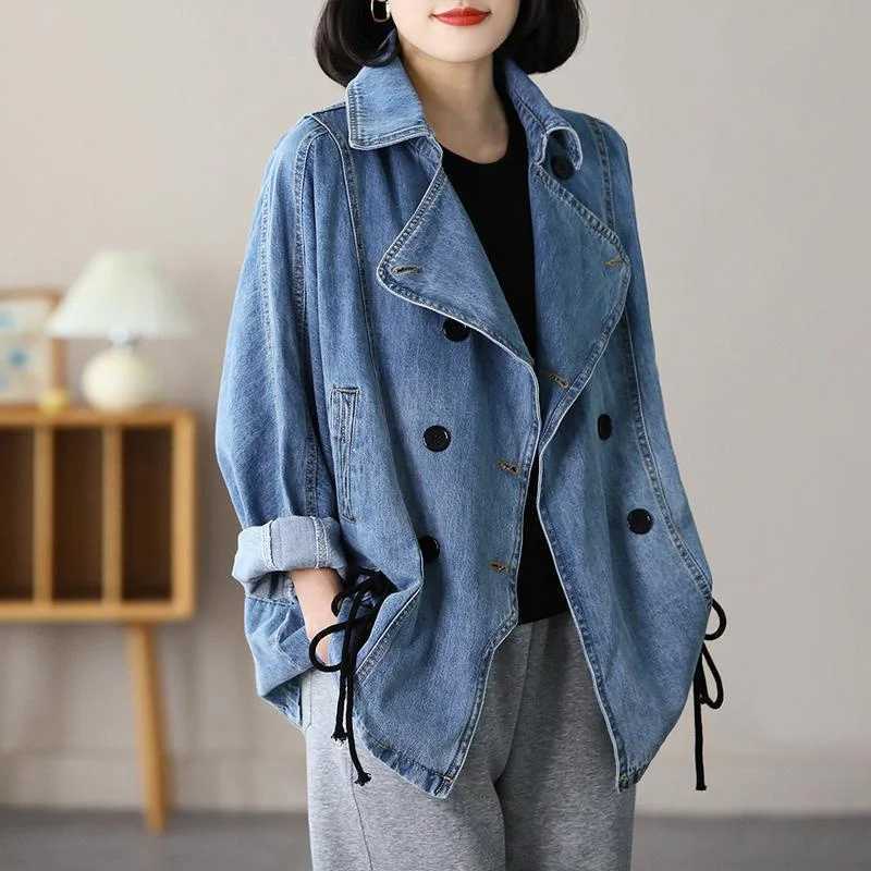2022 Loose Double-breasted Denim Jacket Women Spring Autumn Drawstring Coat Lady Casual Tops Fashion Jean Outerwear WindbreakerX240920
