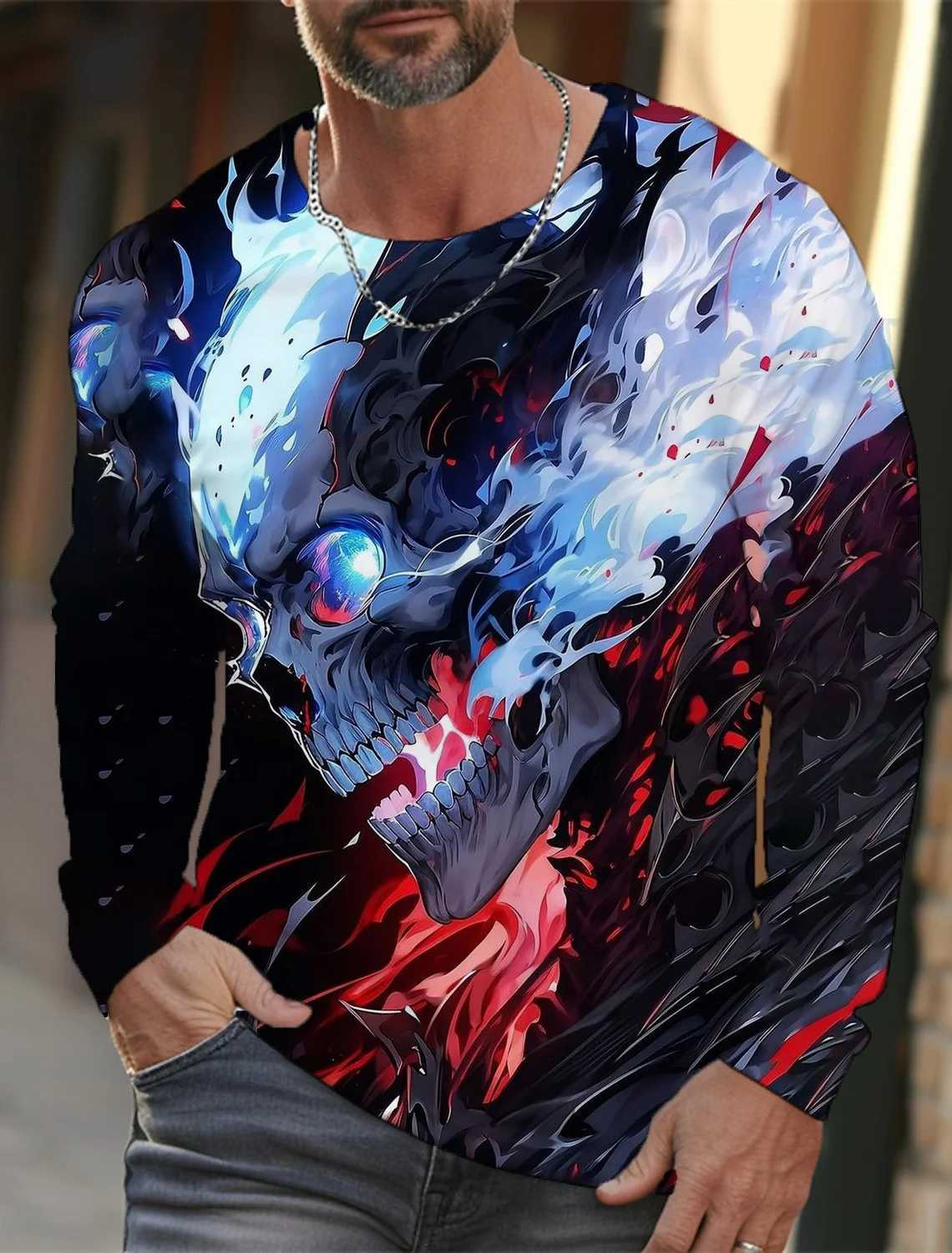 2024 new mens long-sleeved T-shirt 3D printing high-definition skull print mens autumn tops casual round neck home clothesX240919