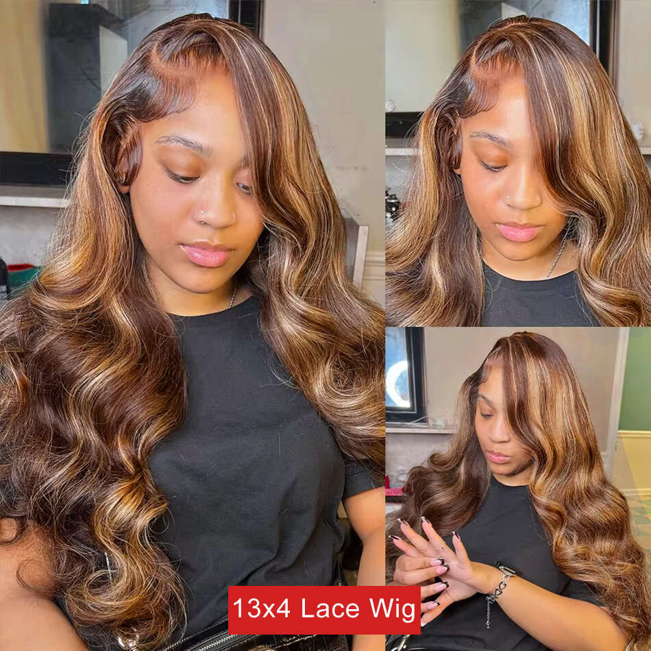 250 Density 4/27 Highlight Ombre 13x6 HD Frontal Wig Body Wave Human Hair 13x4 Lace Front Wigs 28 30 32Inch Brazilian Brown