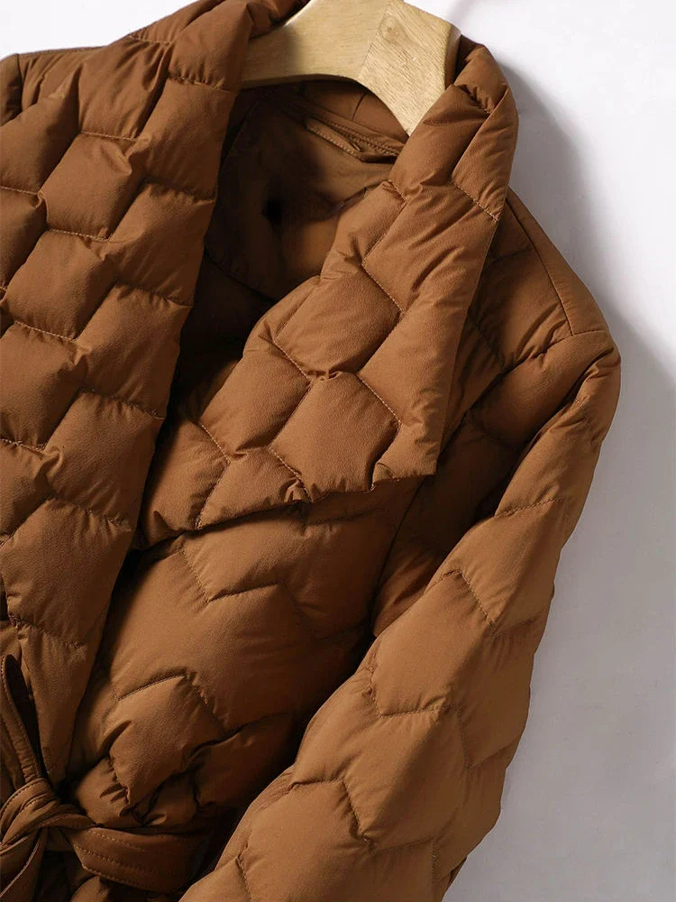 Winter New Lightweight Jacket With Women Elegant Tie Belt Long Cotton White Duck Down Parka Female Ladies Jackets Down Jacket