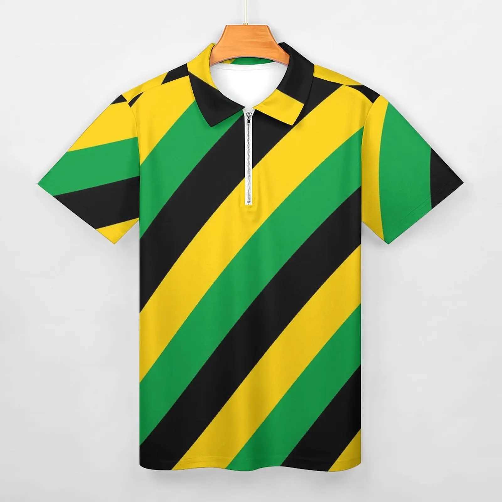 Jamaica Flag Colors Polo Shirts Diagonal Striped Casual Shirt Summer Trending Male Short-Sleeve Zipper Graphic T-ShirtsX240920