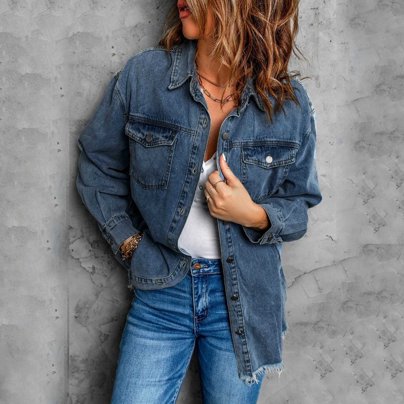 WomenS Denim Jackets Ripped Hem Gray Jeans Jacket Shacket Female Casual Loose Denim Coats Overcoats Oversized BF Denim JacketX240920