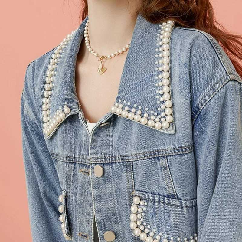 Denim Short Coat Women Lovely Autumn Pearls Buttons Lapel Loose Jacket Korean Fashion Female Casual Light Blue Street OutwearX240920