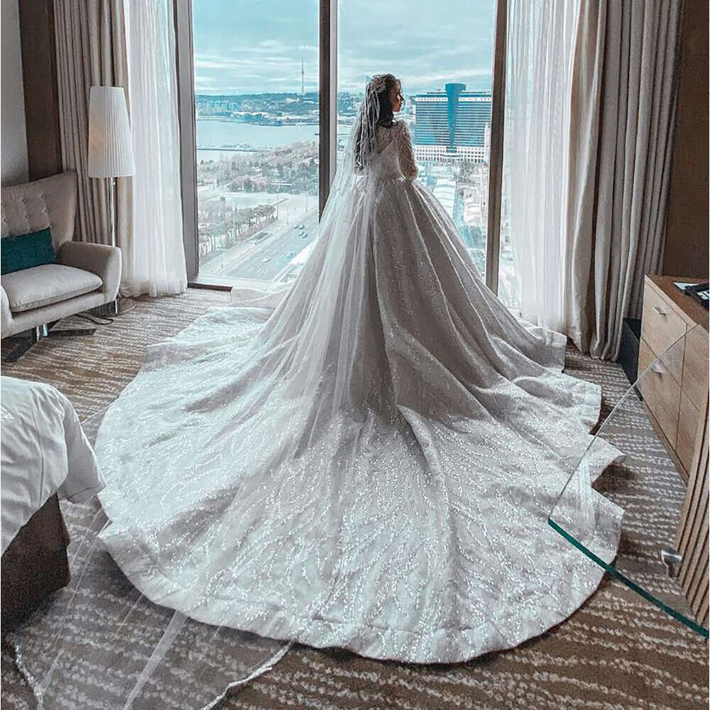 Glitter Sparking Wedding Dresses Sequined Sheer Neck Bridal Gowns Custom Made Jewel Pearls Royal Train Vestido De Novia