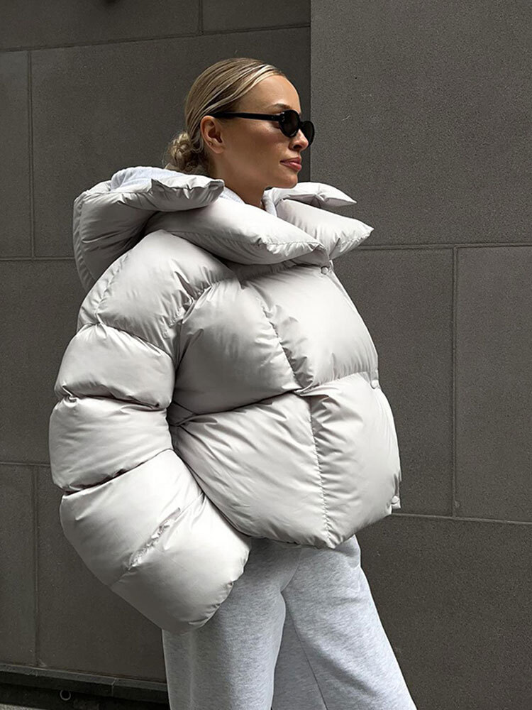 Women Winter Solid Thicken Warm Down Coats With Hat Fashion Lapel Single Breasted Cropped Cotton Jacket Casual Lady Street Wear