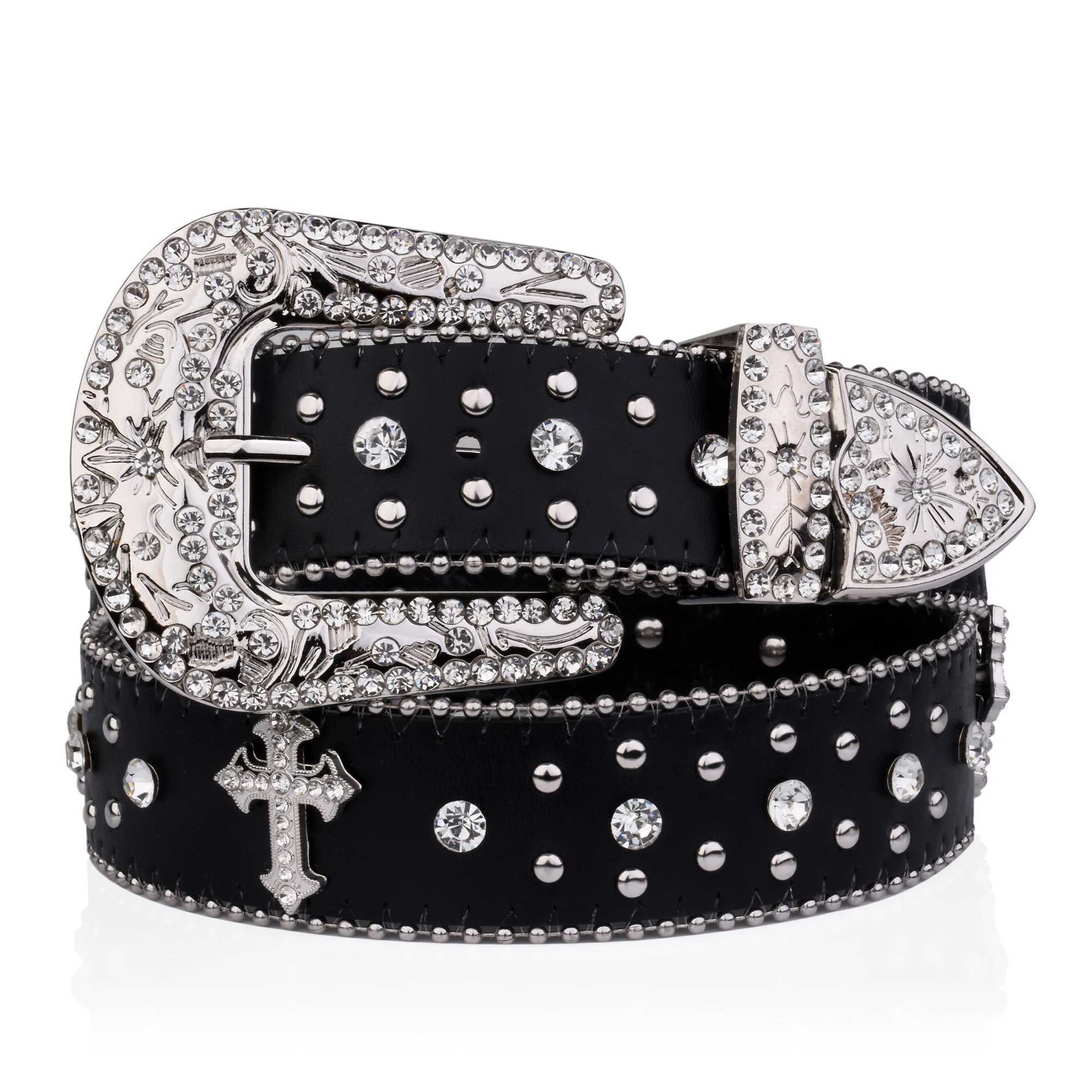 Black cross rivet belt with carved buckle rhinestone decoration PU belt hip-hop jeans pants belt punk western denim womens belt W240920