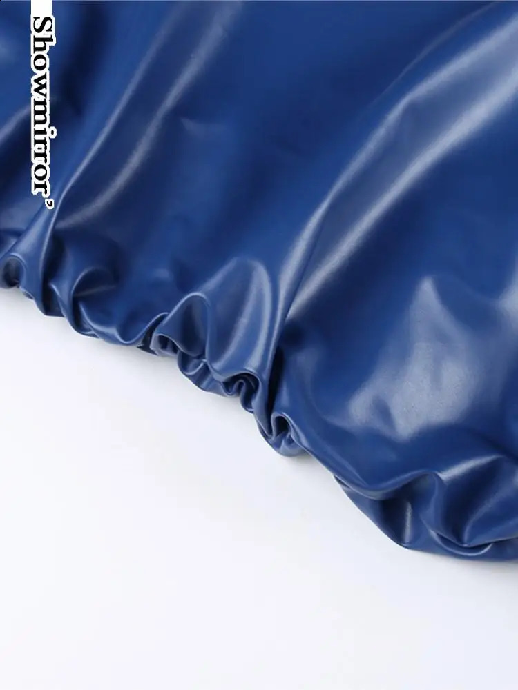 Showmirror Blue PU Leather Ruched Mini Dress For Women Sexy Bodycon Tank Dresses Party Club Harajuku Clothes Streetwear Y2k 240920