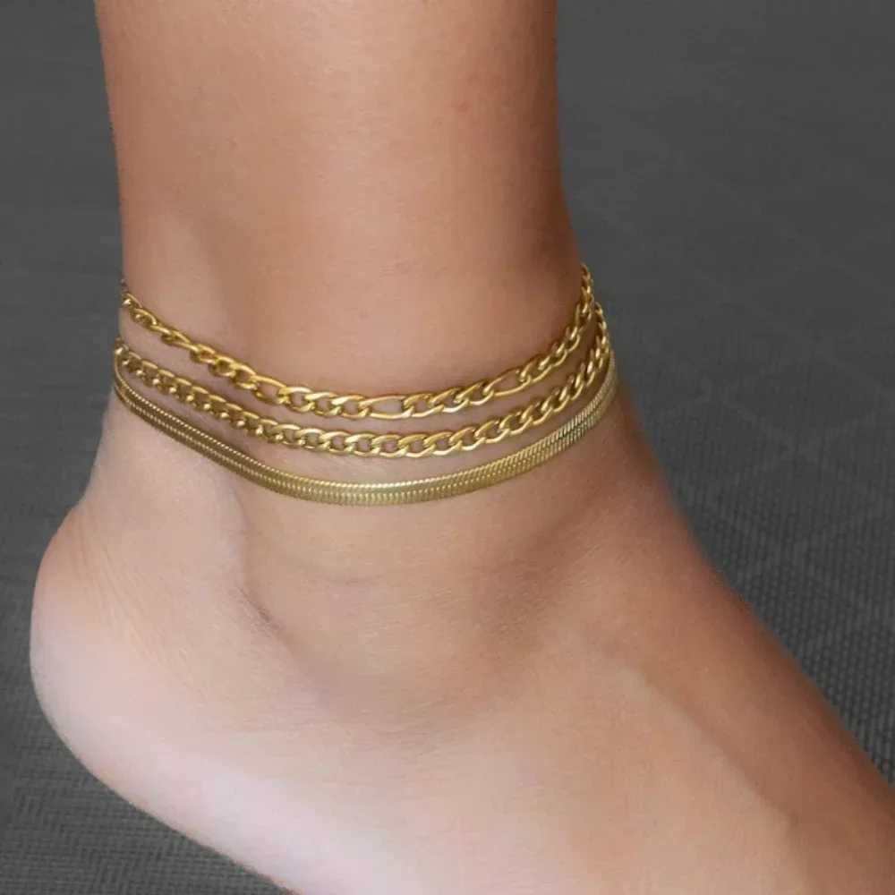 Simple Plain Chain Women Anklets 4mm Flat Snake Chains Stainless Steel Leg Anklet Foot Links for Girls Party ankle Foot bracelet Y240920