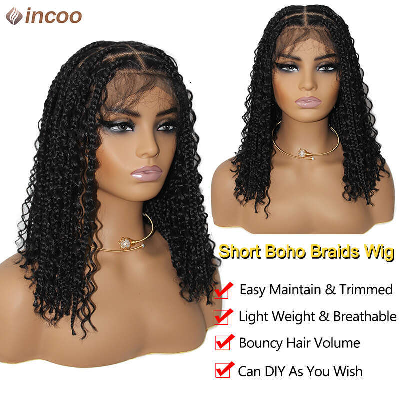 12 Inch Short Bob Braids Goddess Boho Knotless Braid Transparent 360 Full Lace Curly Synthetic Wig Pre-Plucked Baby Hair
