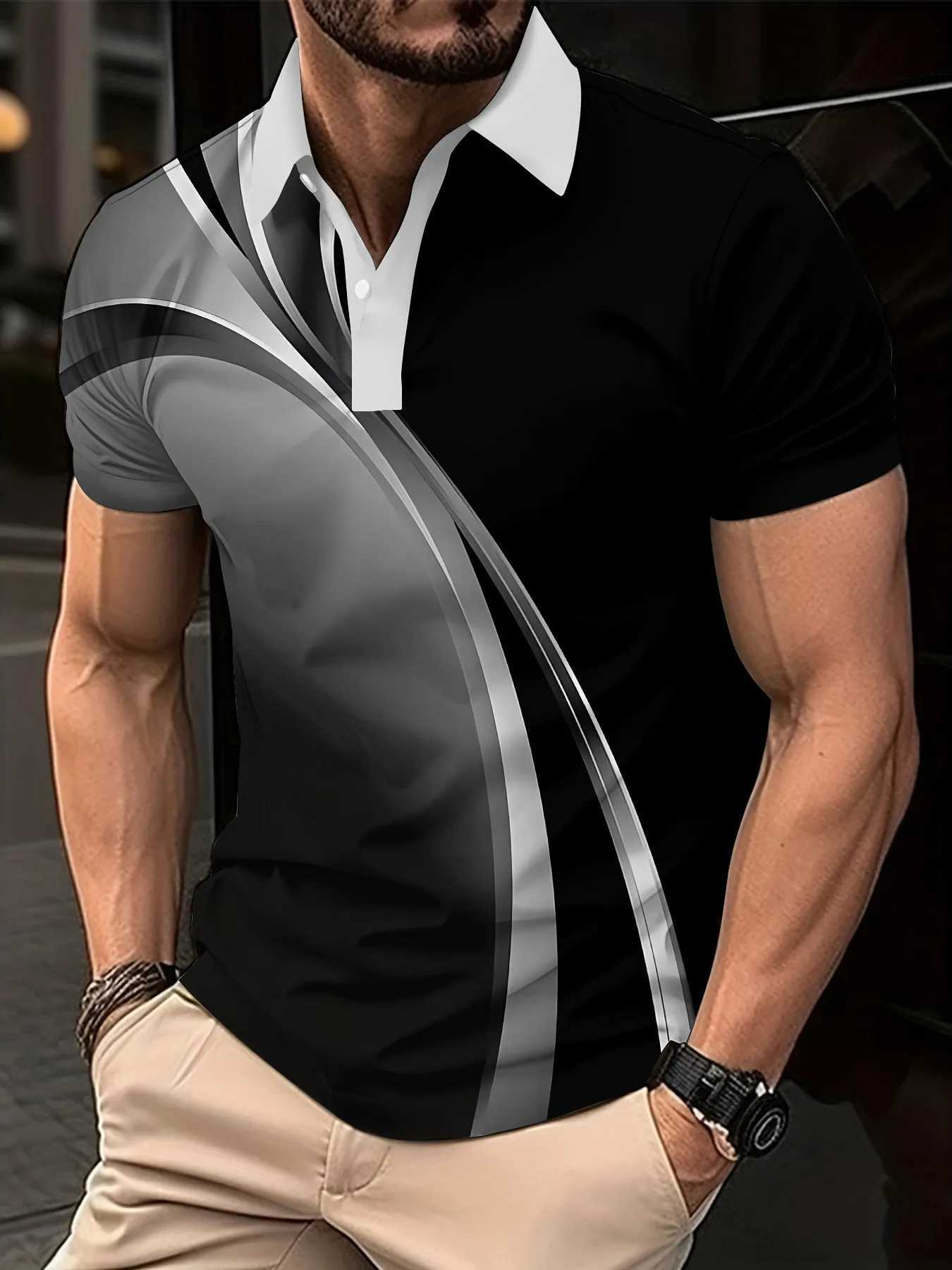 New Fashion Mens Gradient Line Summer Short Sleeved T-Shirt Casual Daily Lapel Top Polo Shirt Striped T-Shirt Mens ClothingX240920